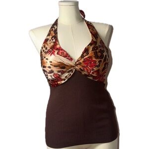 Y2K Vintage Cache 100% Silk Beaded Floral & Leopard Tie Halter Top Sz L